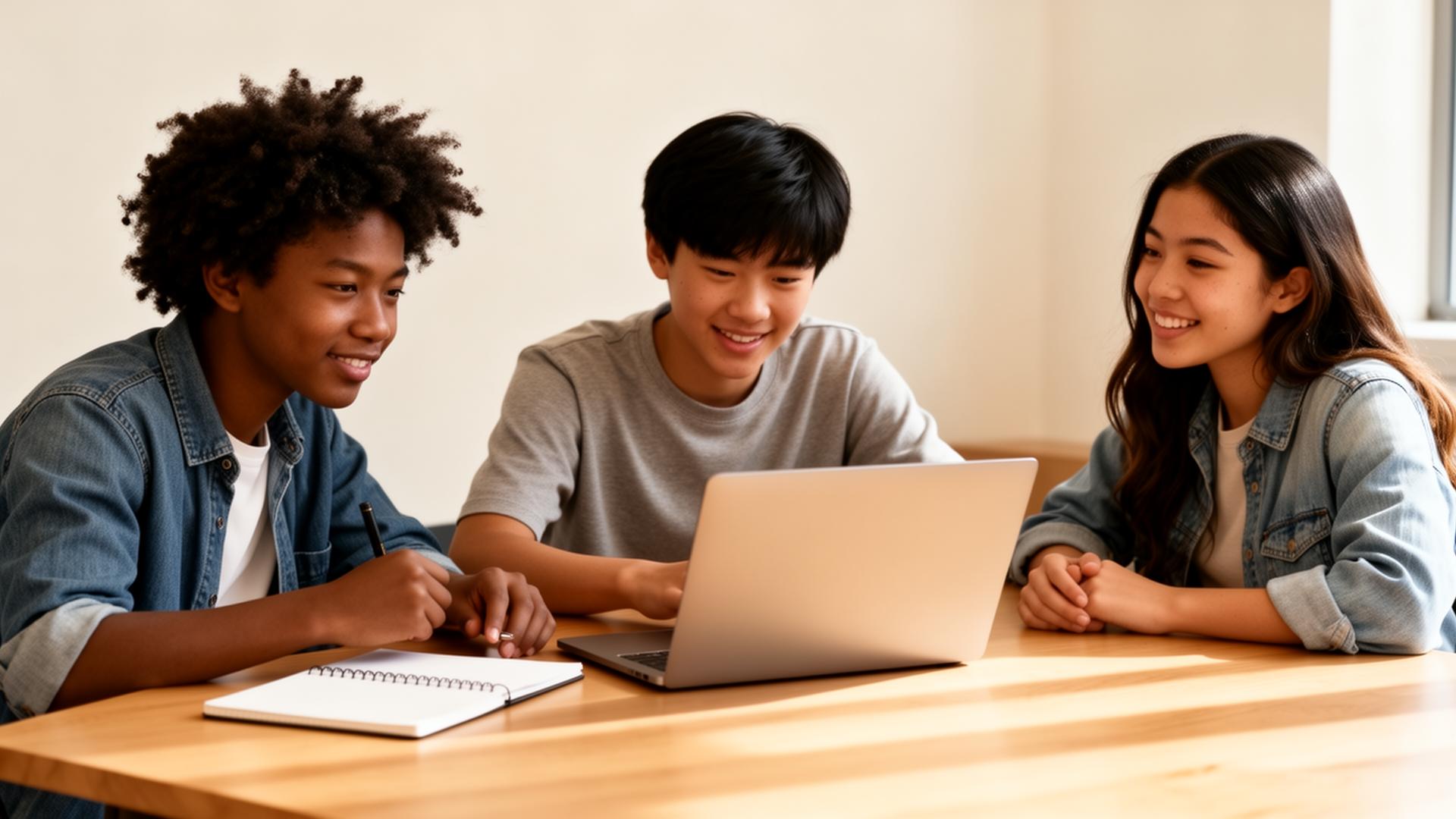 Teen students collaborating on a business idea around a table